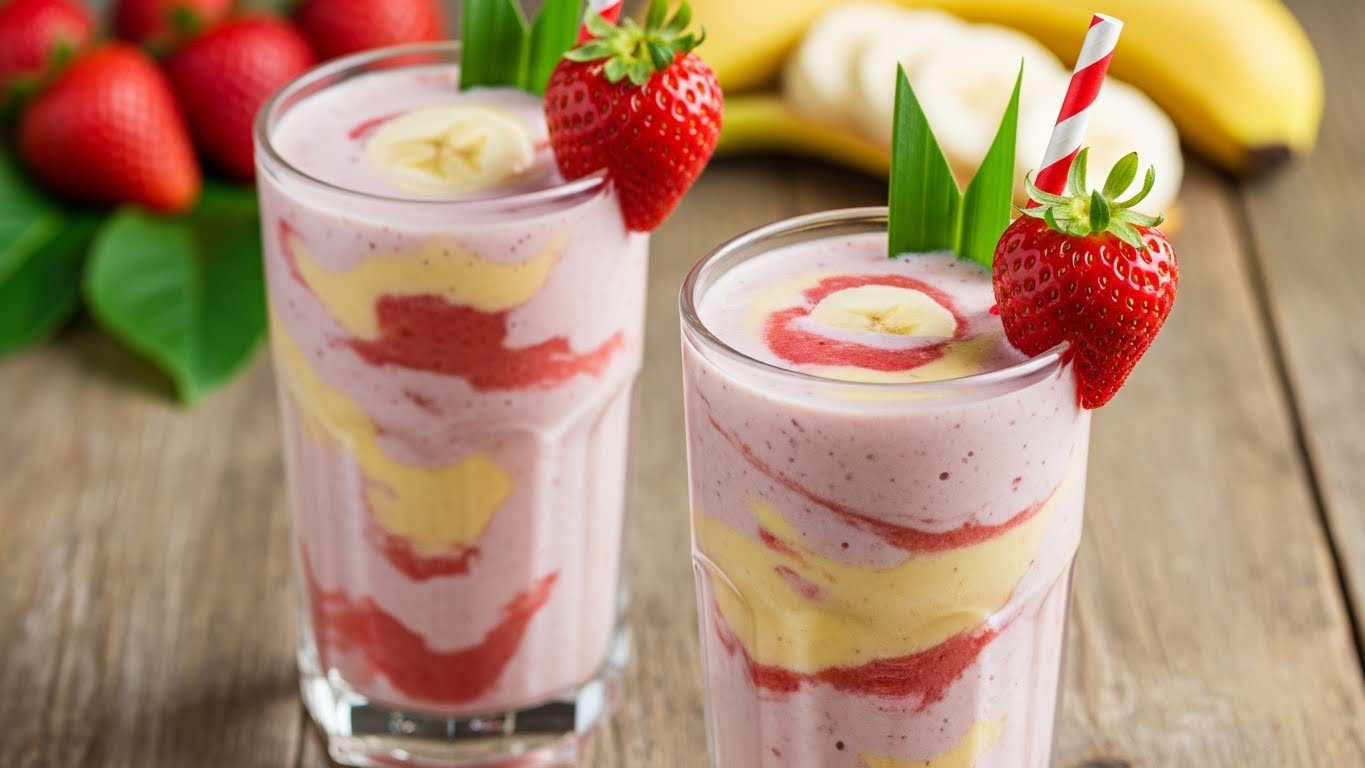 Erdbeer-Bananen-Smoothie in zwei Gläsern mit frischen Erdbeeren garniert