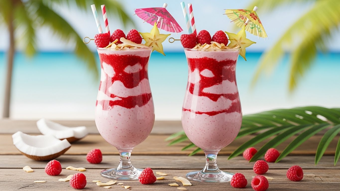 Himbeer-Kokos-Smoothie mit Himbeeren, Kokosmilch und Kokosraspeln in tropischen Gläsern