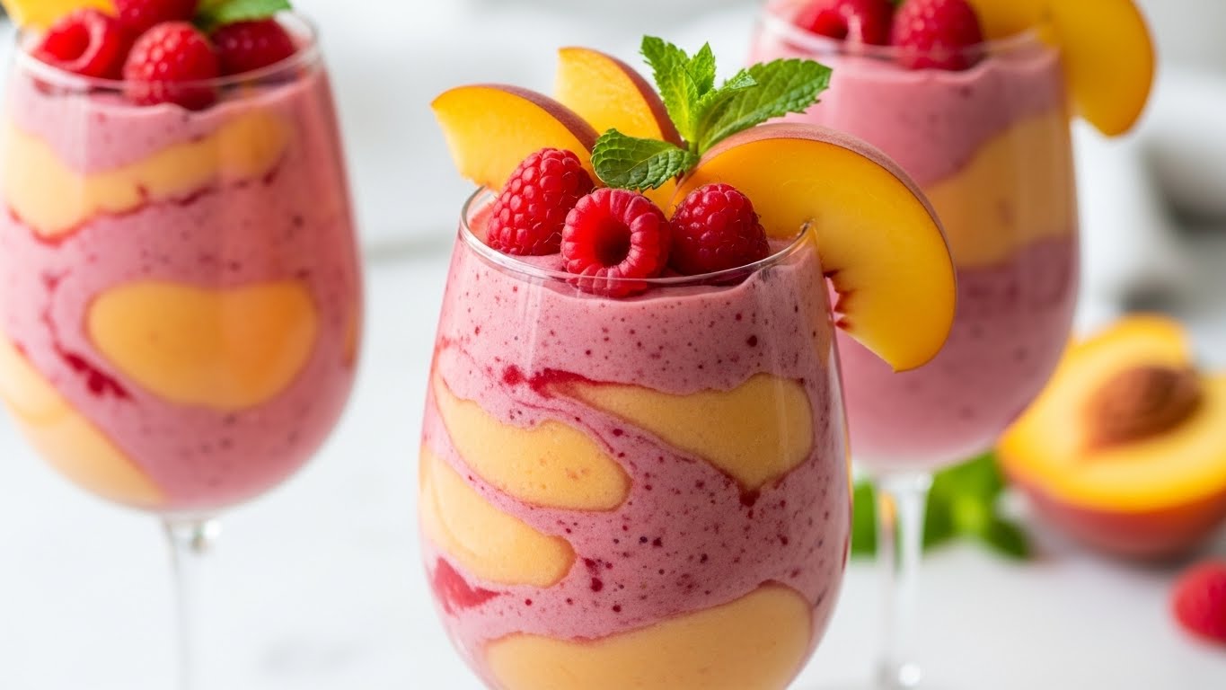 Pfirsich-Melba-Smoothie mit frischen Pfirsichen und Himbeeren in eleganten Gläsern
