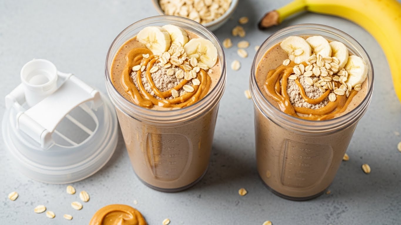 Protein-Power-Smoothie mit Proteinpulver, Haferflocken, Erdnussbutter und Bananen in Shaker-Gläsern