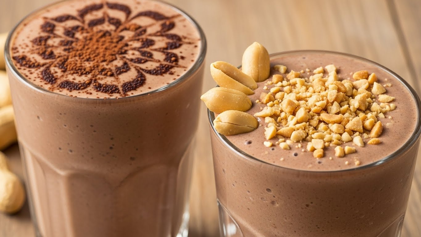 Schokoladen-Erdnussbutter-Smoothie in Gläsern mit Kakao und Erdnüssen garniert