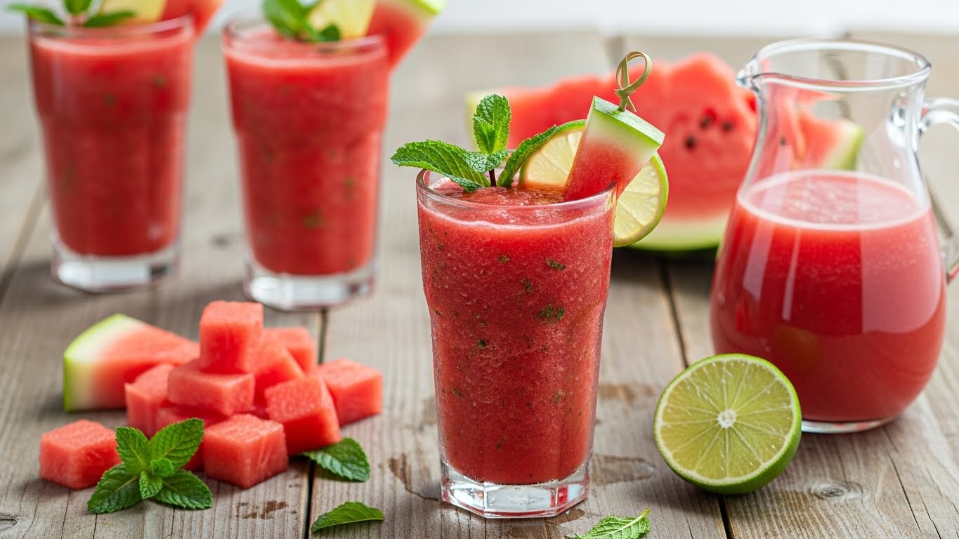 Wassermelonen-Minze-Smoothie mit frischer Wassermelone, Minze und Limette in gekühlten Gläsern